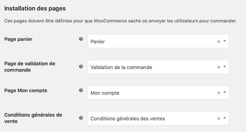 installation des pages dans woocommerce